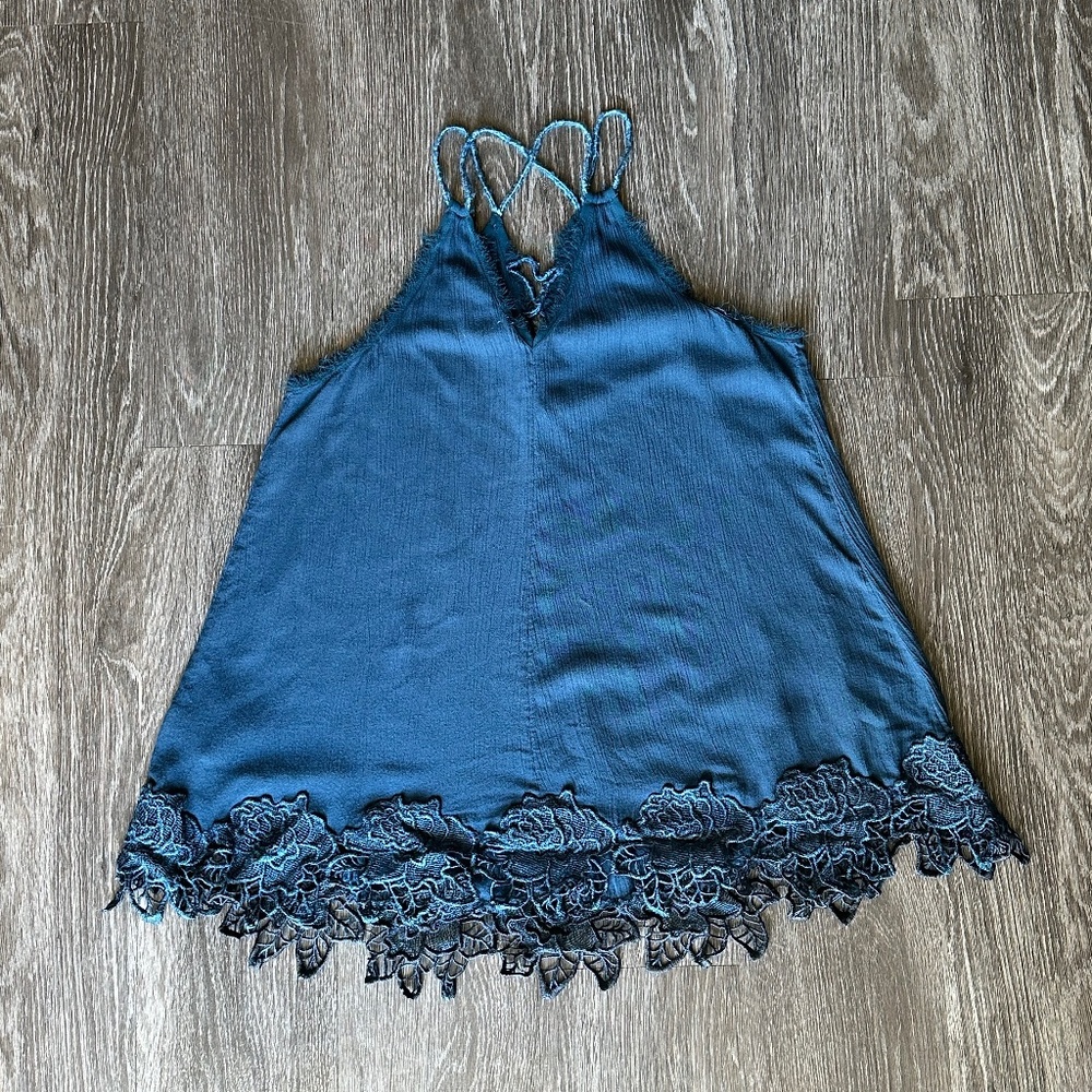 Free People Turquoise Tank Top Lace Criss Cross Gauze Medium